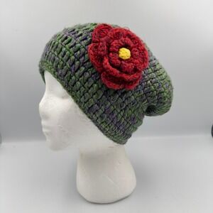 Handmade Crochet Beanie Hat Green Purple Variegated Red Flower Boho Slouchy